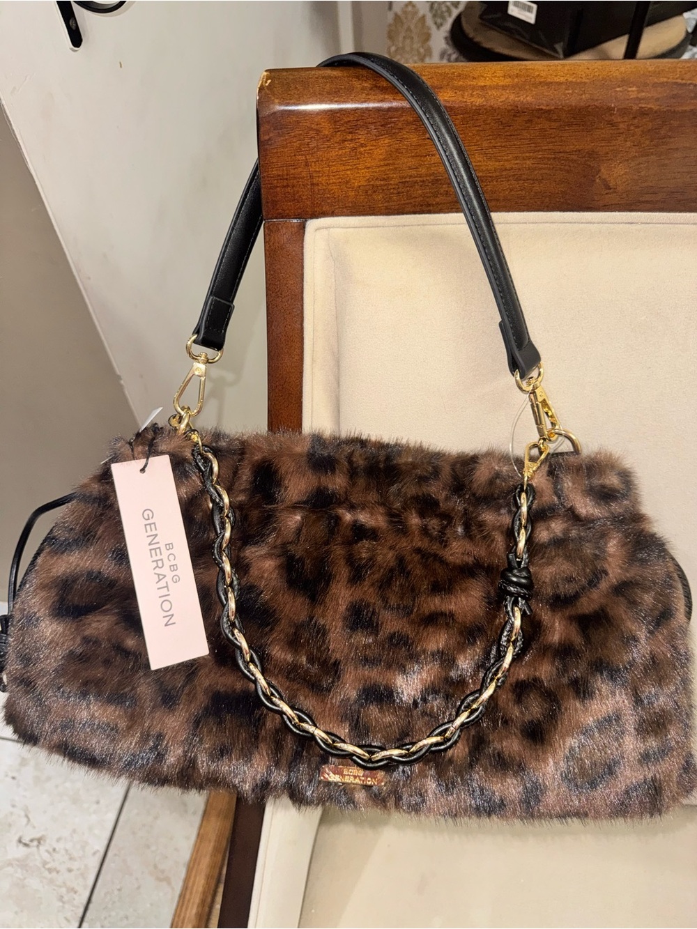BCBGeneration Leopard Faux-Fur Shoulder Bag in Brown and Black